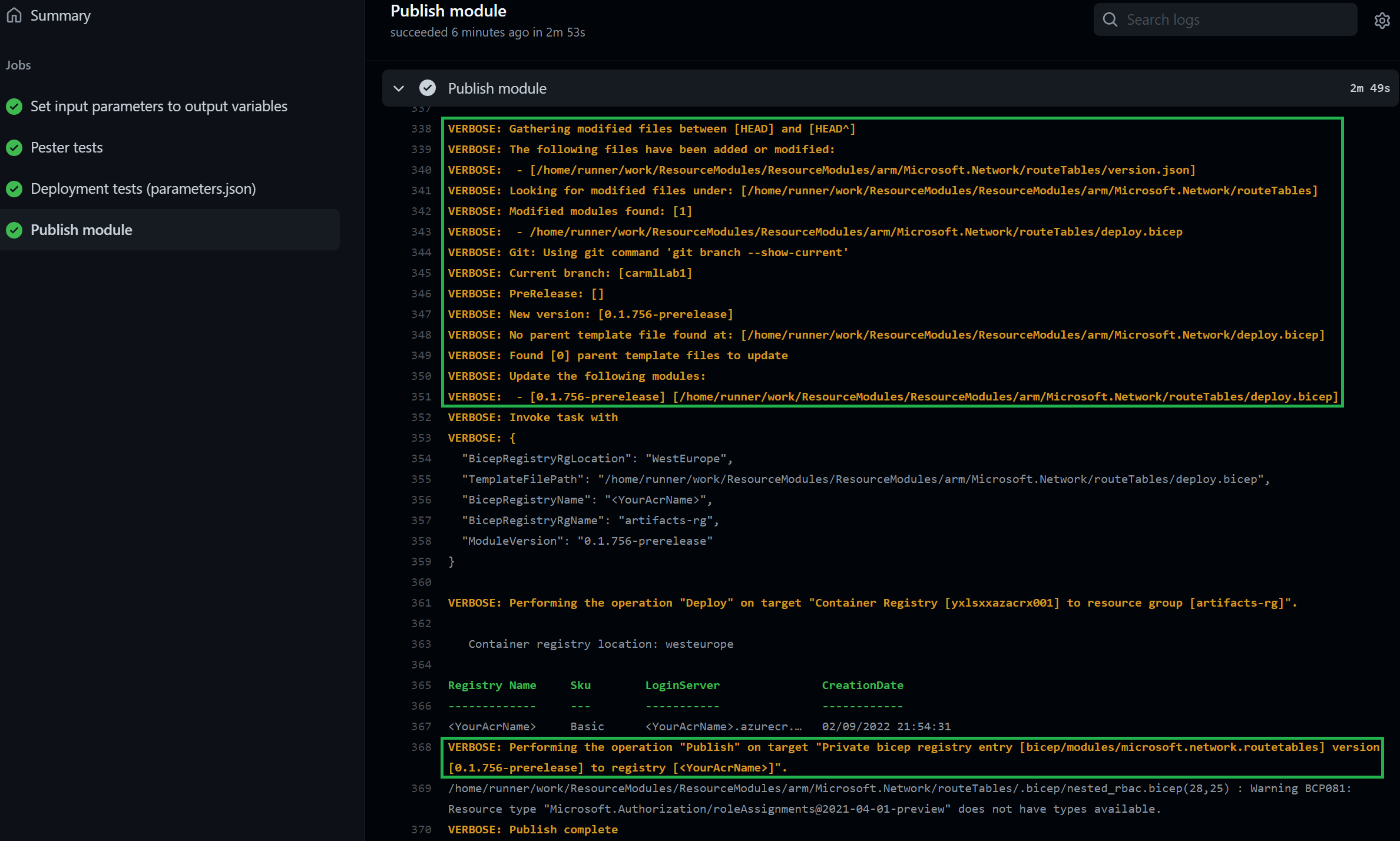 Verify the workflow logs seeing that it published to the registry