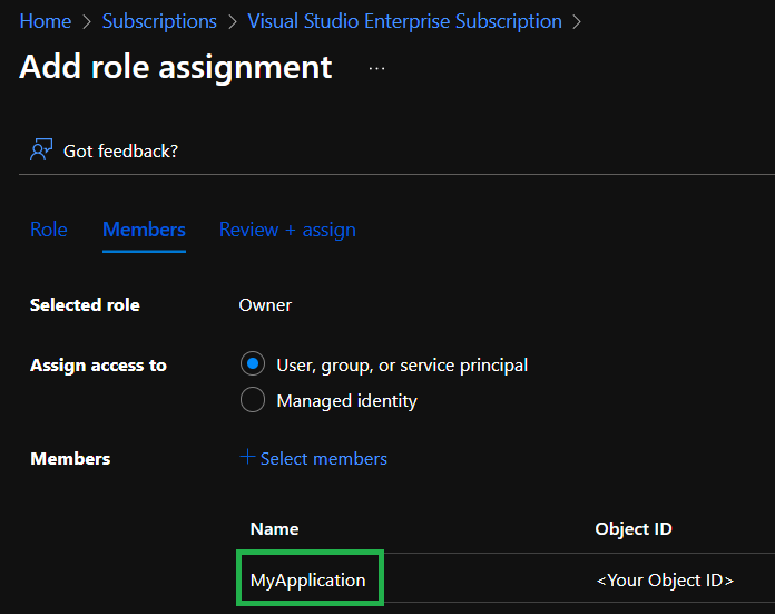 Role assignment member selected